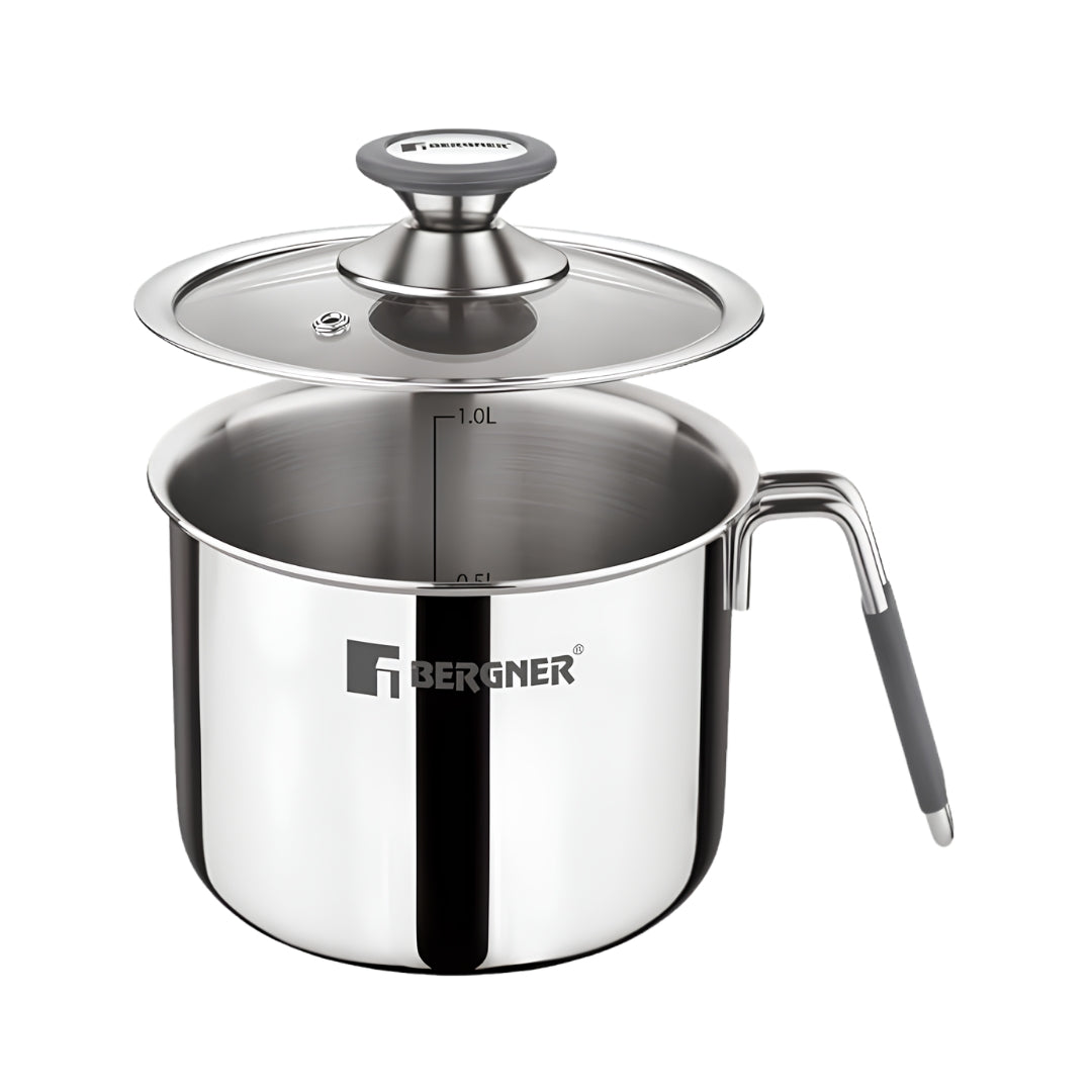 Bergner Argent Triply Stainless Steel Milk Boiler with Glass Lid 12 cm _ 1 L_Front View