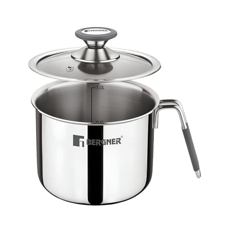 Bergner Argent Triply Stainless Steel Milk Boiler with Glass Lid 12 cm _ 1 L_Front View