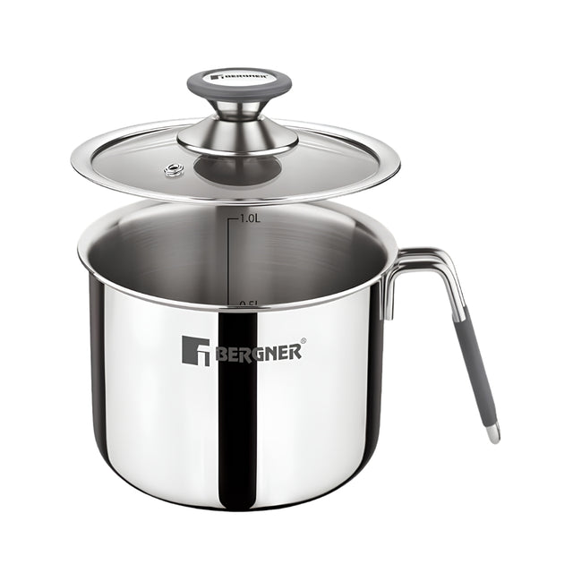 Bergner Argent Triply Stainless Steel Milk Boiler with Glass Lid 12 cm _ 1 L_Front View