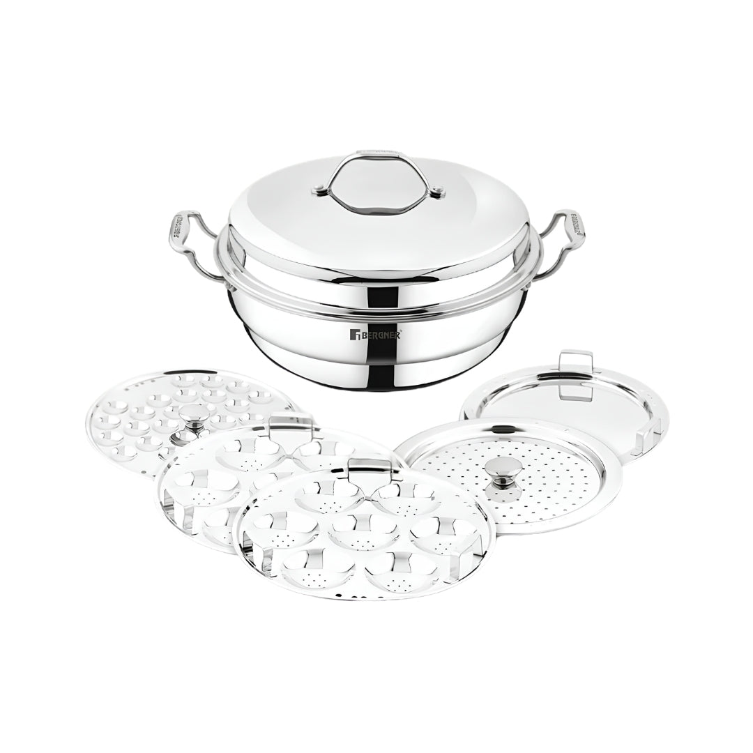Bergner Argent Triply Stainless Steel Multi Kadai with 5 Plates and Lid - 28 cm_Front View