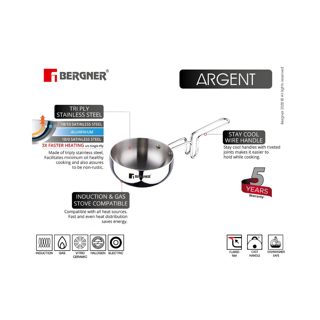 Bergner Argent Triply Stainless Steel Tadka Pan - 12 cm _ 500 ml_Features2