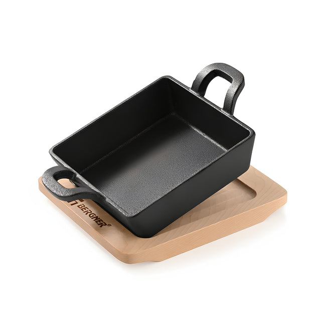 Bergner Cook and Share Cast Iron Mini Pan with Wooden Tray 12 cm - Black_1