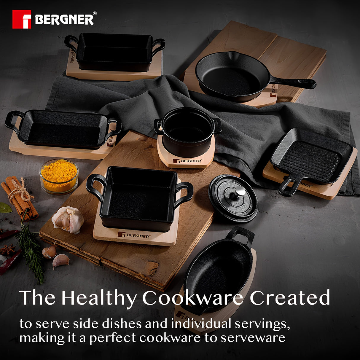 Bergner Cook and Share Cast Iron Mini Pan with Wooden Tray 12 cm - Black_3