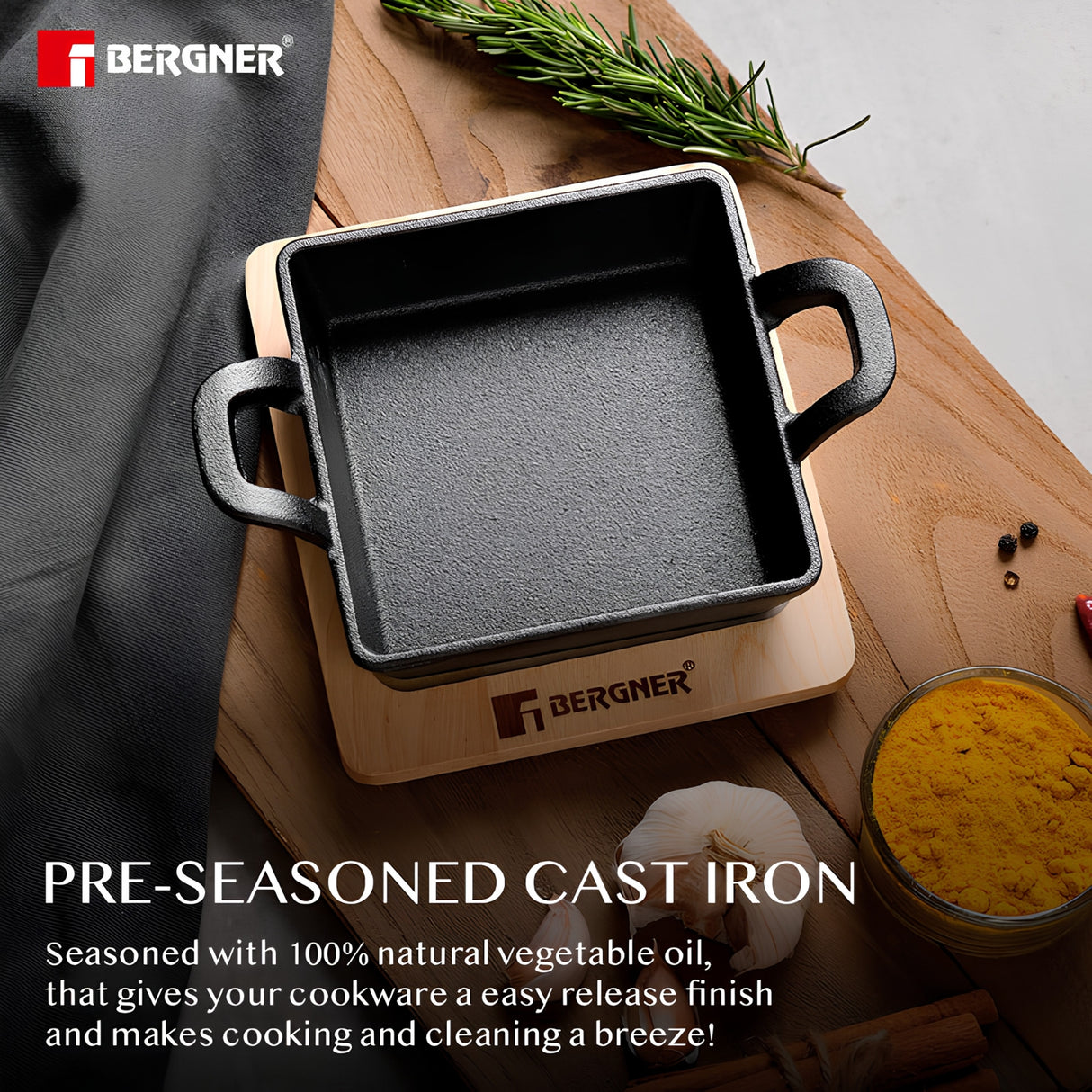 Bergner Cook and Share Cast Iron Mini Pan with Wooden Tray 12 cm - Black_4