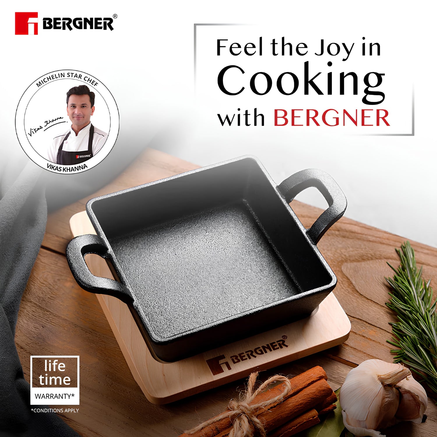 Bergner Cook and Share Cast Iron Mini Pan with Wooden Tray 12 cm - Black_5