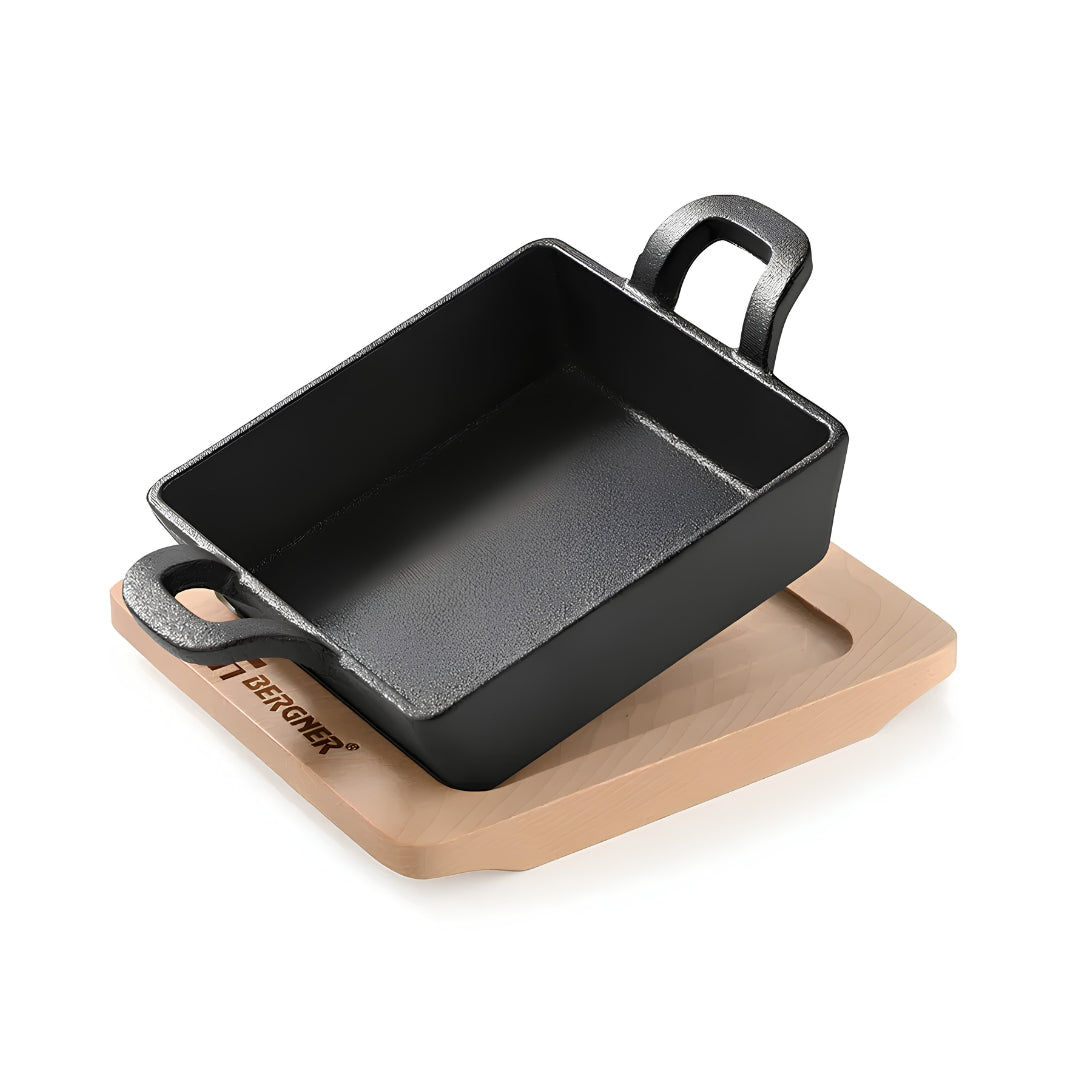 Bergner Cook and Share Cast Iron Mini Pan with Wooden Tray 12 cm - Black