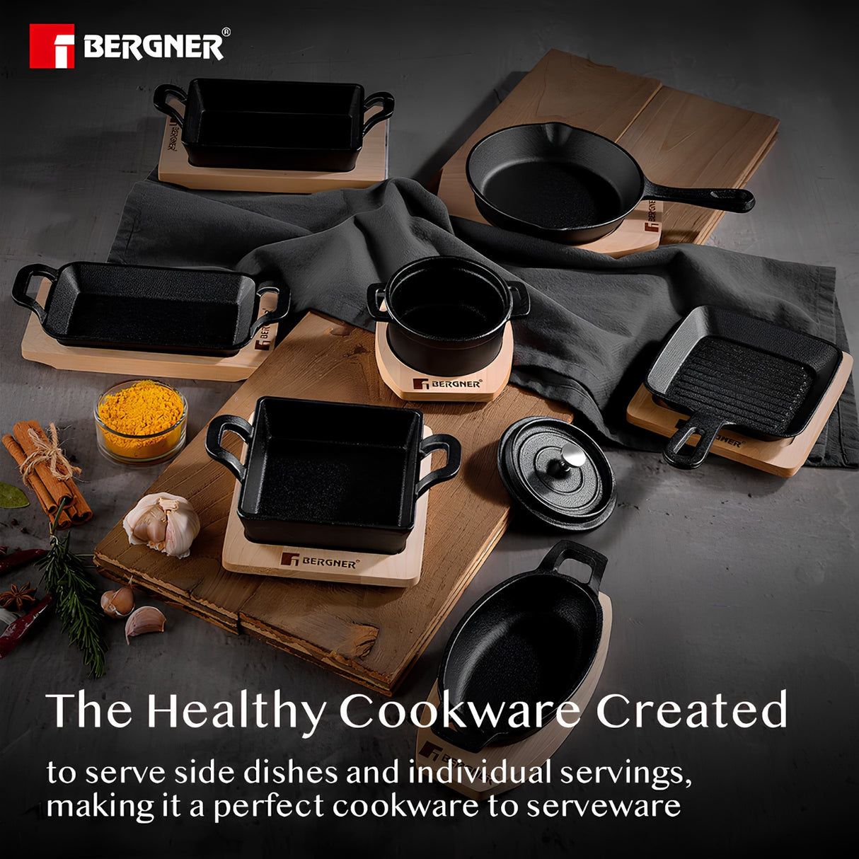 Bergner Cook and Share Cast Iron Mini Pan with Wooden Tray 17 cm - Black_3