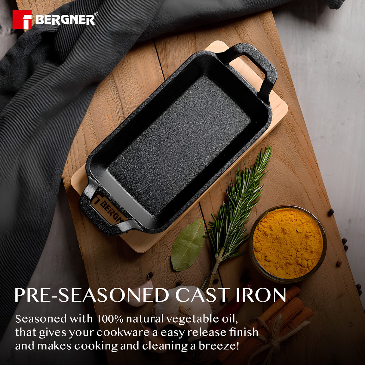Bergner Cook and Share Cast Iron Mini Pan with Wooden Tray 17 cm - Black_4