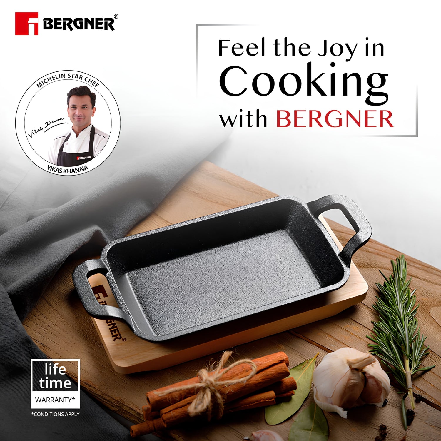 Bergner Cook and Share Cast Iron Mini Pan with Wooden Tray 17 cm - Black_5