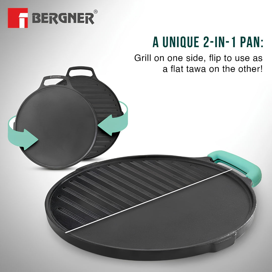 Bergner Eco Cast Iron Double Side Grill Pan with Silicone Sleeves 26 cm - Black_3