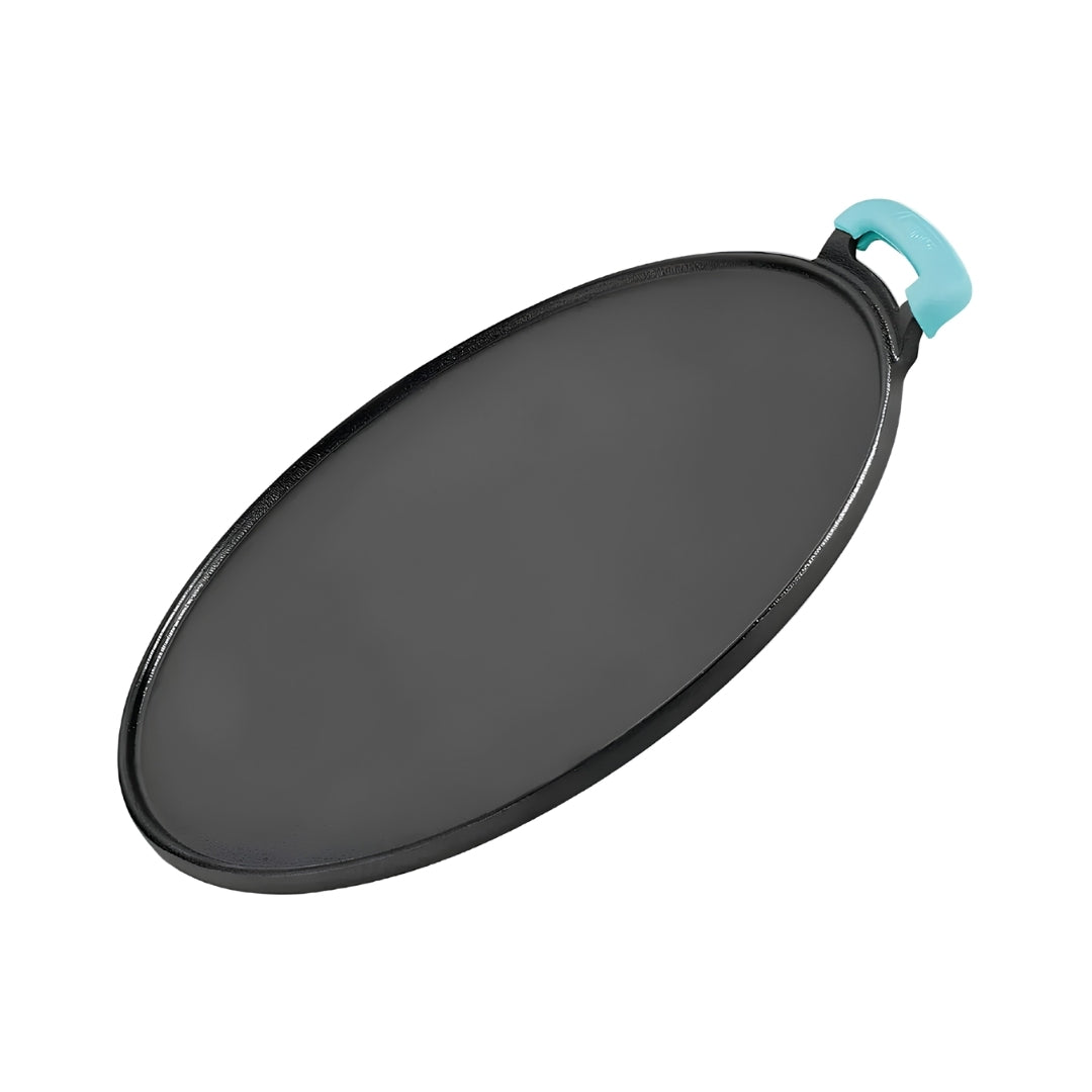 Bergner Eco Cast Iron Flat Multi Tawa with One-Sided Handle and Silicone Sleeve 30 cm - Black_Front View