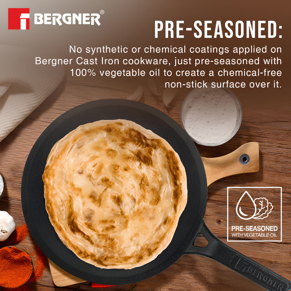 Bergner Eco Cast Iron Roti Tawa with Silicone Sleeve 26 cm - Black_7