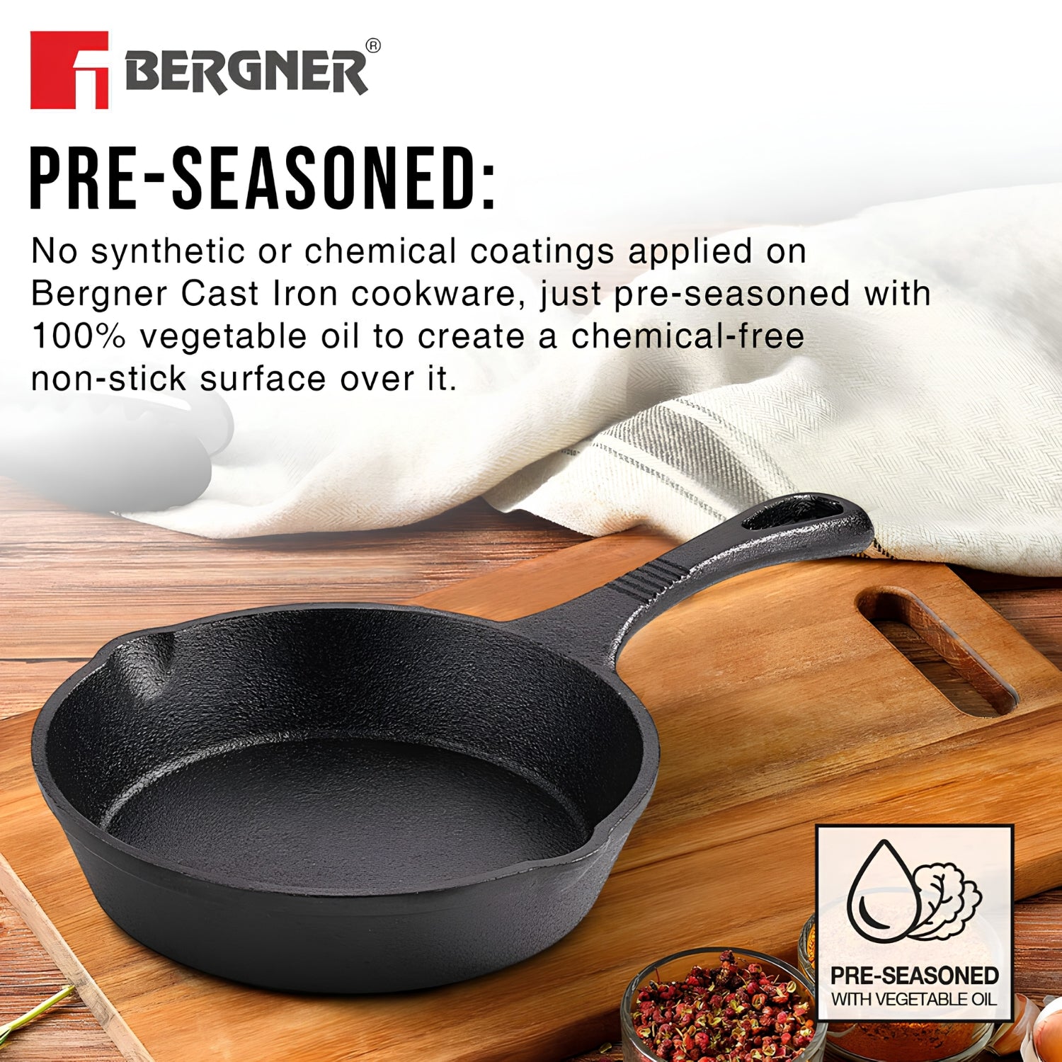 Bergner Eco Cast Iron Skillet with Silicone Sleeve 15 cm - Black_6
