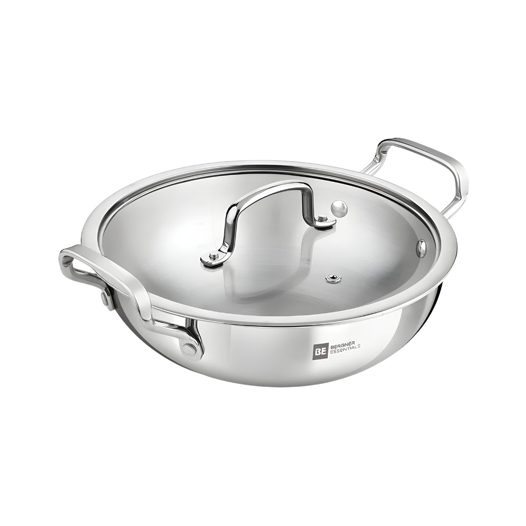 Bergner Essentials Girisha Triply SS Kadai with Glass Lid 18 cm _ 1.4 L_Front View