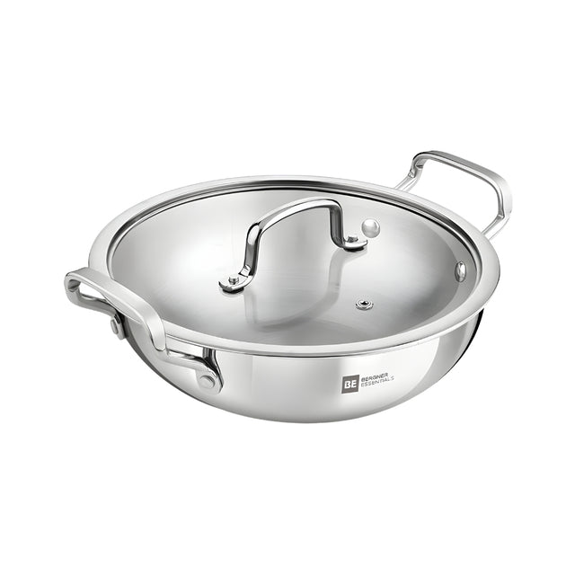 Bergner Essentials Girisha Triply SS Kadai with Glass Lid 18 cm _ 1.4 L_Front View