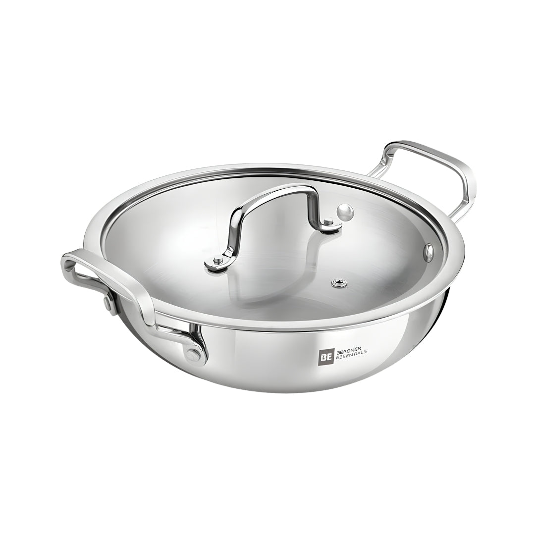 Bergner Essentials Girisha Triply SS Kadai with Glass Lid 20 cm _ 1.9 L_Front View