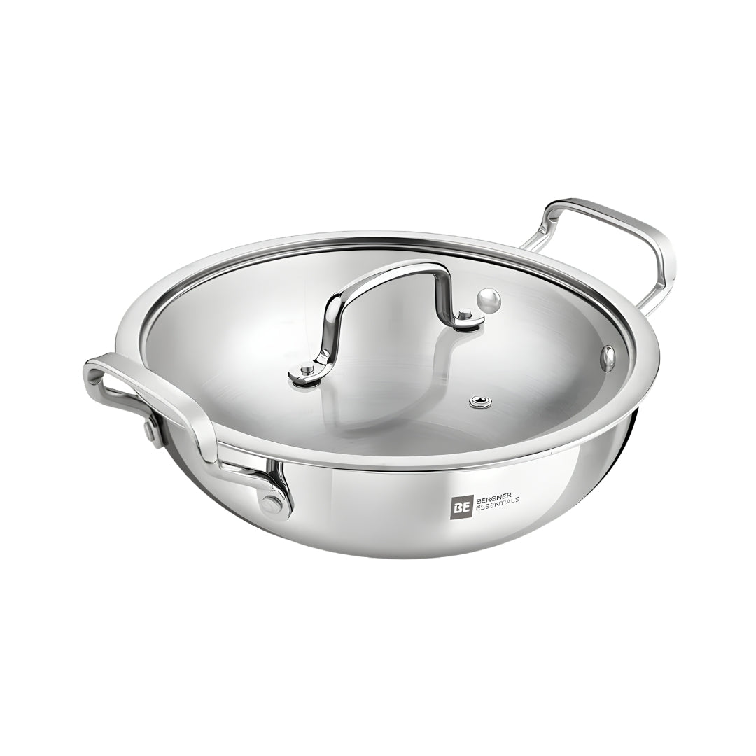 Bergner Essentials Girisha Triply SS Kadai with Glass Lid 22 cm _ 2.6 L_Front View