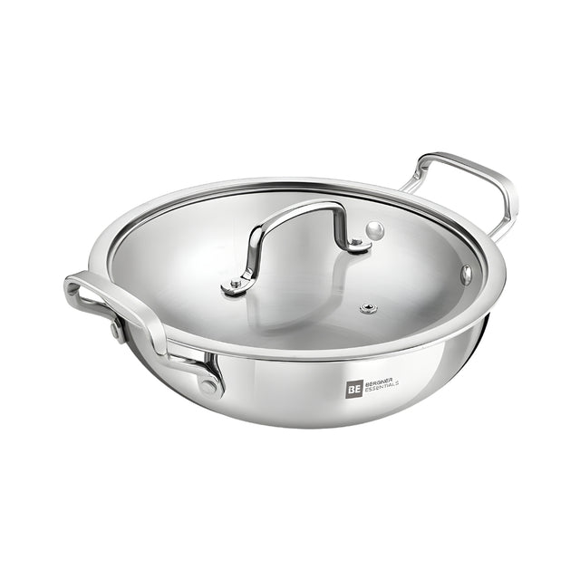Bergner Essentials Girisha Triply SS Kadai with Glass Lid 22 cm _ 2.6 L_Front View