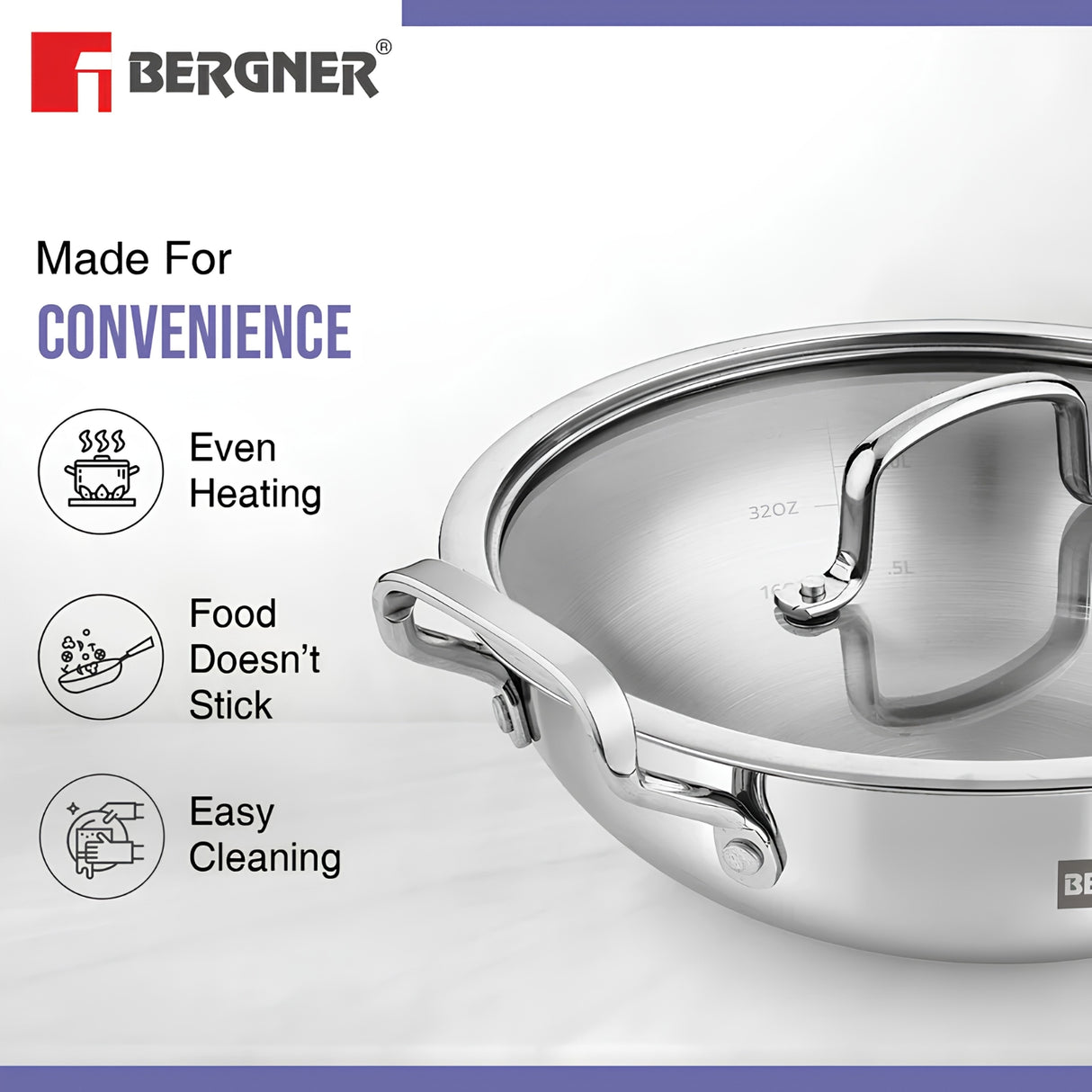 Bergner Essentials Girisha Triply SS Kadai with Glass Lid 24 cm \ 3 L_6