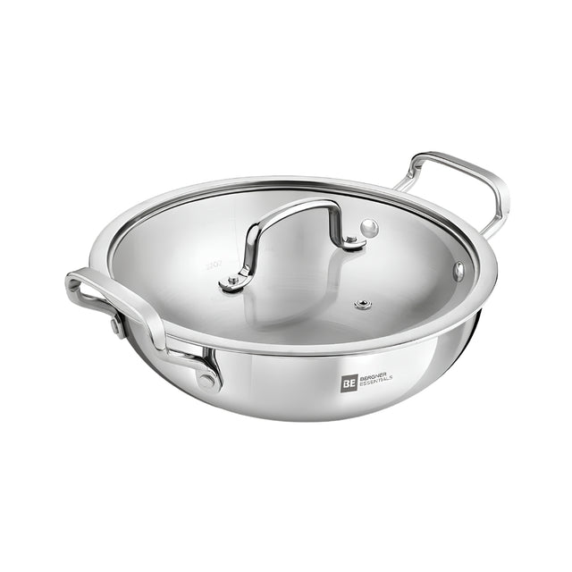 Bergner Essentials Girisha Triply SS Kadai with Glass Lid 24 cm _ 3 L_Front View