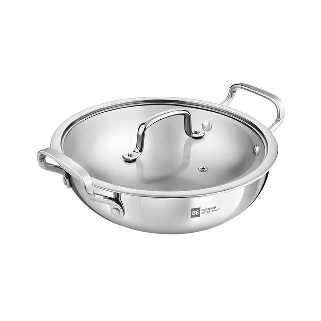 Bergner Essentials Girisha Triply SS Kadai with Glass Lid 26 cm _ 3.9 L_Front View