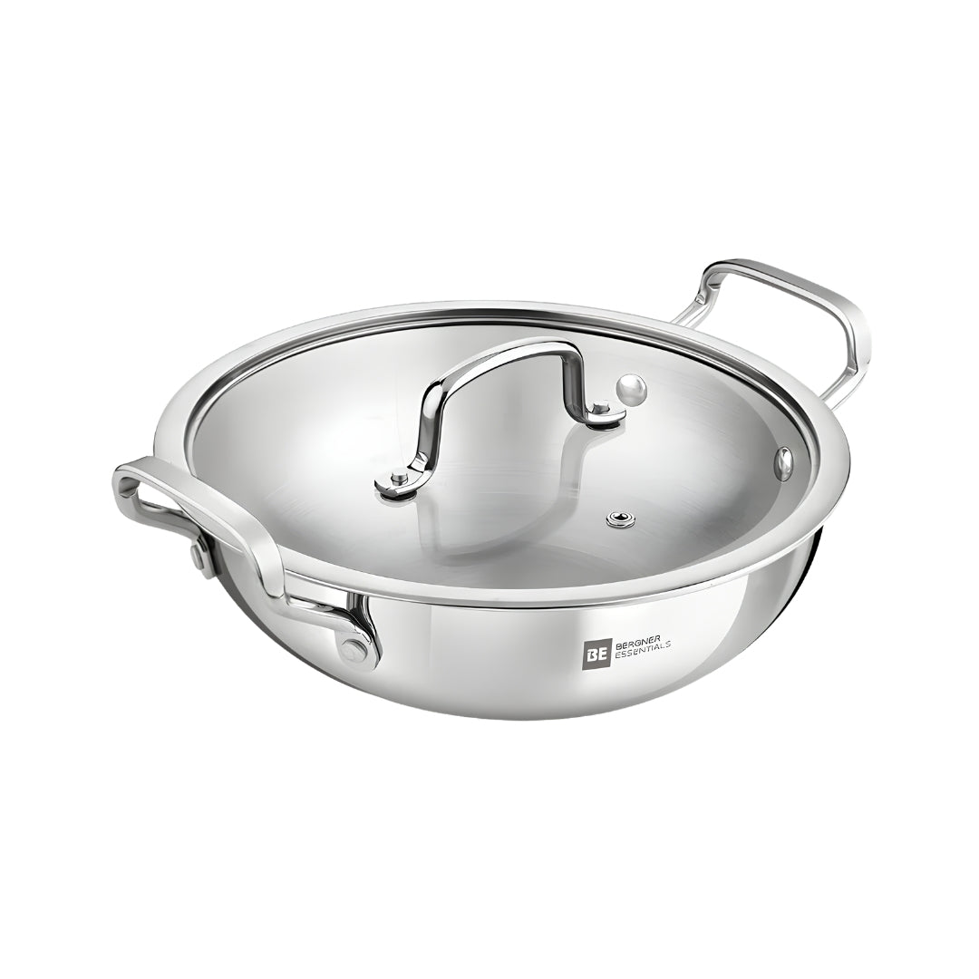 Bergner Essentials Girisha Triply SS Kadai with Glass Lid 30 cm _ 6 L_Front View