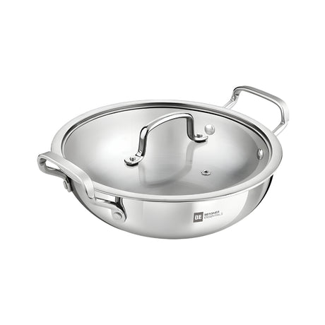 Bergner Essentials Girisha Triply SS Kadai with Glass Lid 30 cm _ 6 L_Front View