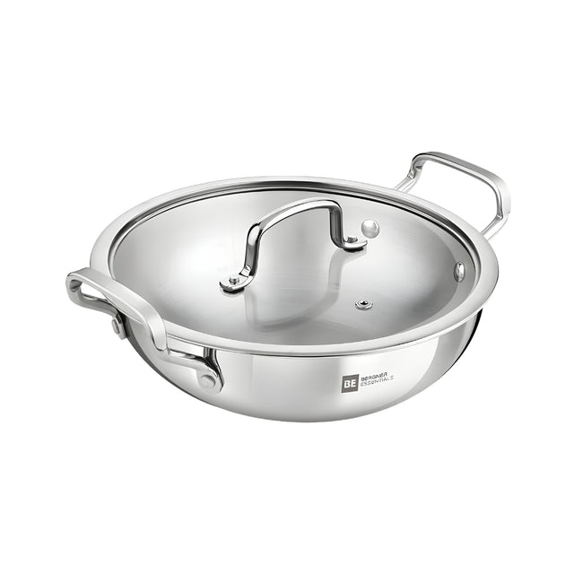 Bergner Essentials Girisha Triply SS Kadai with Glass Lid 30 cm _ 6 L_Front View
