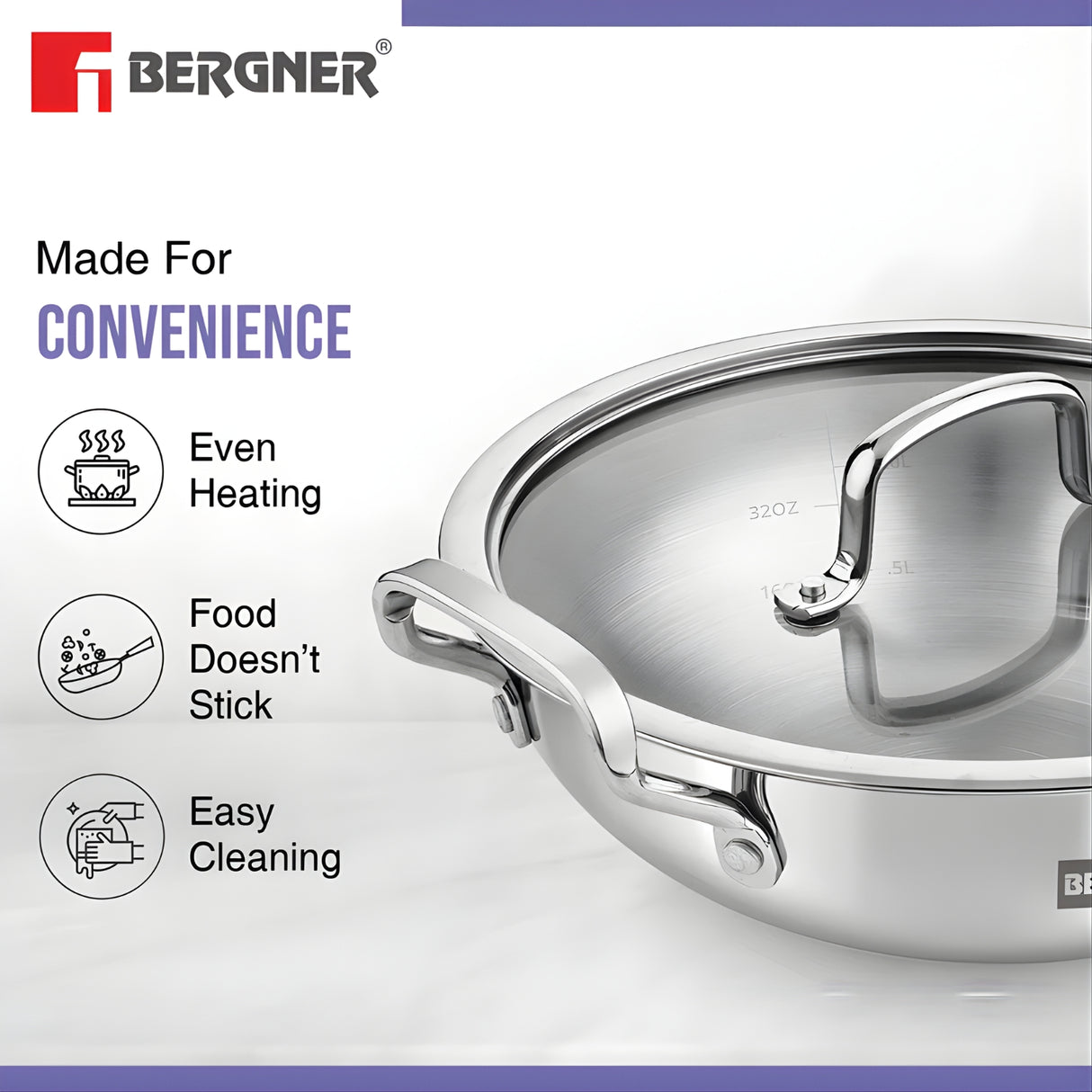 Bergner Essentials Girisha Triply SS Kadai with Glass Lid 32 cm \ 7 L_5