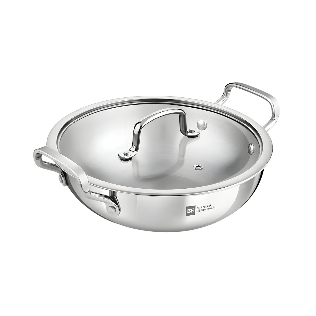 Bergner Essentials Girisha Triply SS Kadai with Glass Lid 32 cm _ 7 L_Front View