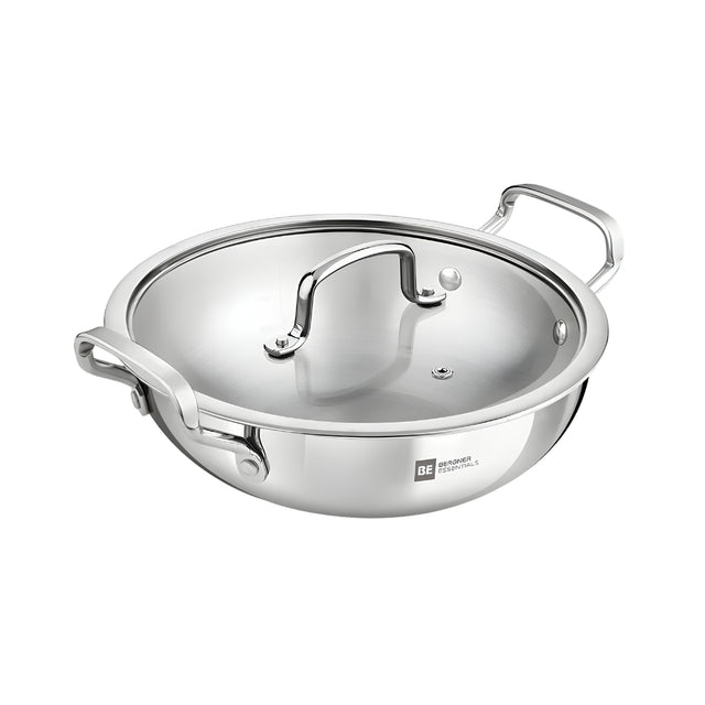Bergner Essentials Girisha Triply SS Kadai with Glass Lid 32 cm _ 7 L_Front View