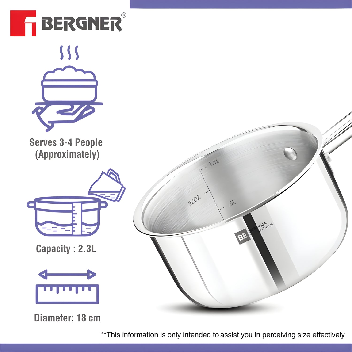 Bergner Essentials Girisha Triply Stainless Steel Milk Pan 18 cm \ 2 L_3