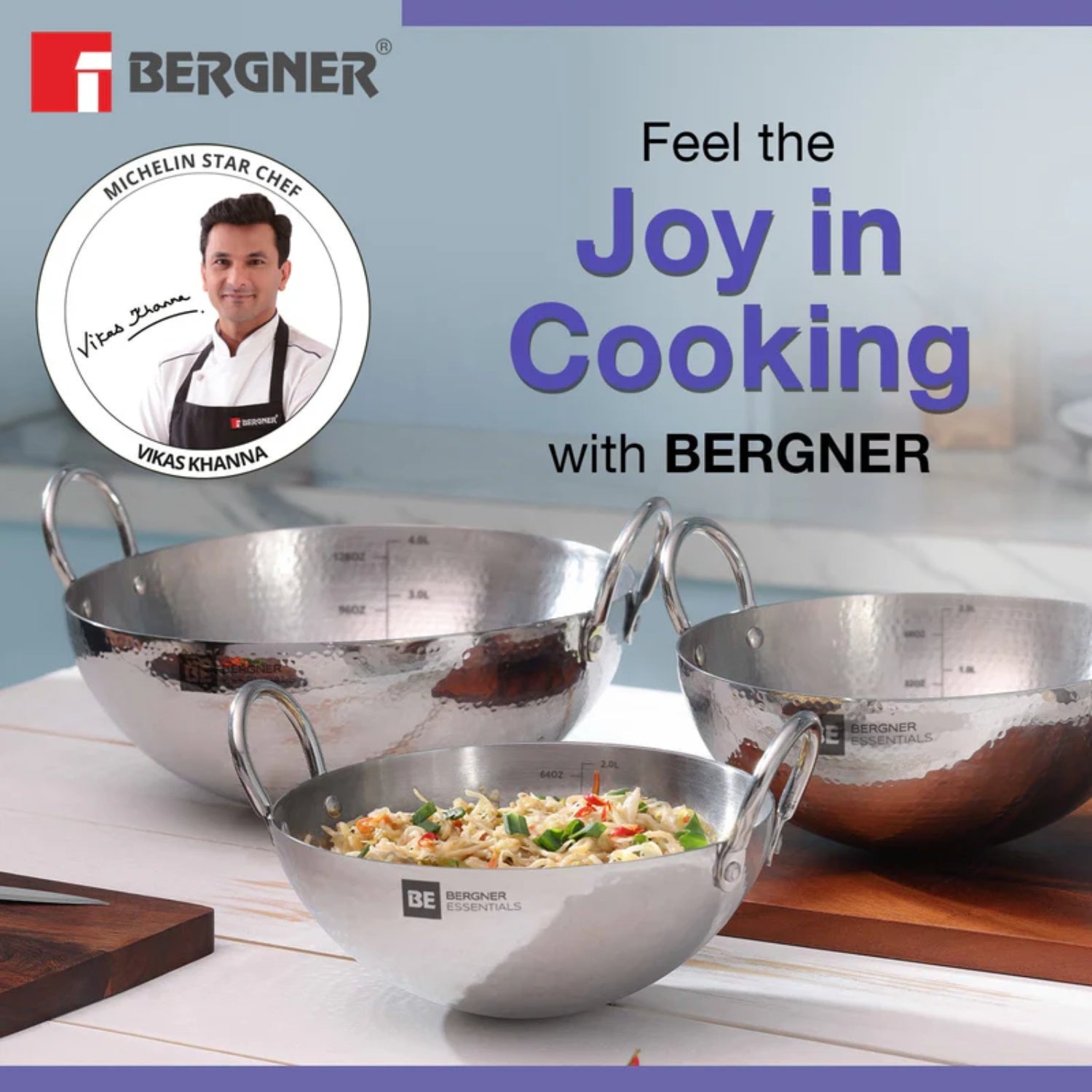 Bergner Essentials Hammered Triply Stainless Steel Kadai 30 cm \ 5.8 L_2