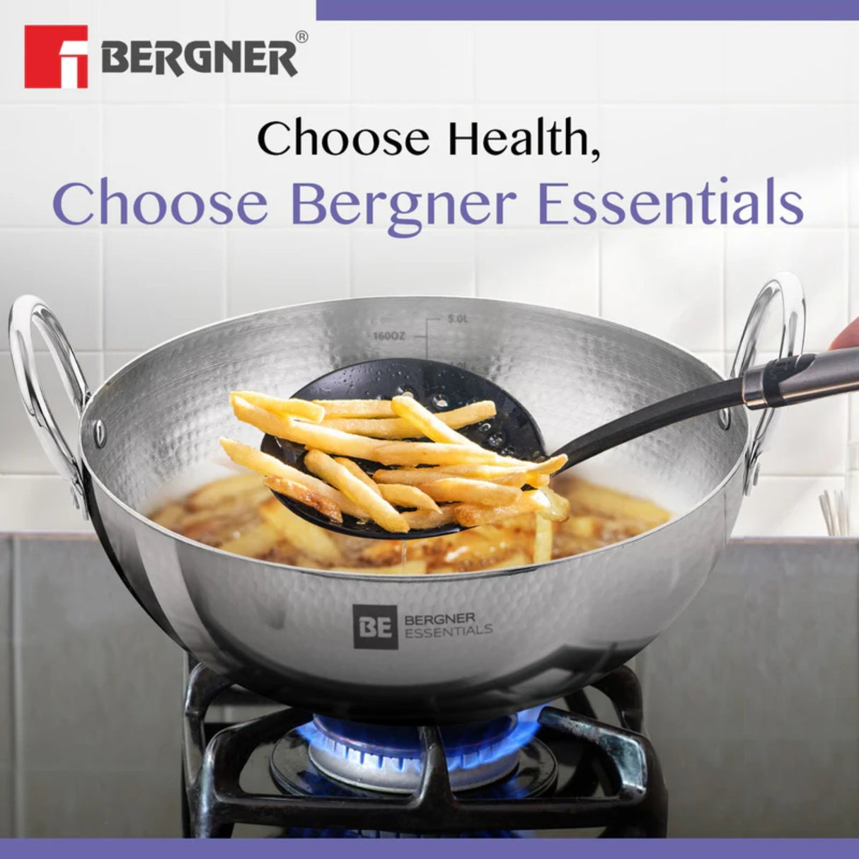 Bergner Essentials Hammered Triply Stainless Steel Kadai 32 cm \ 6.5 L_3