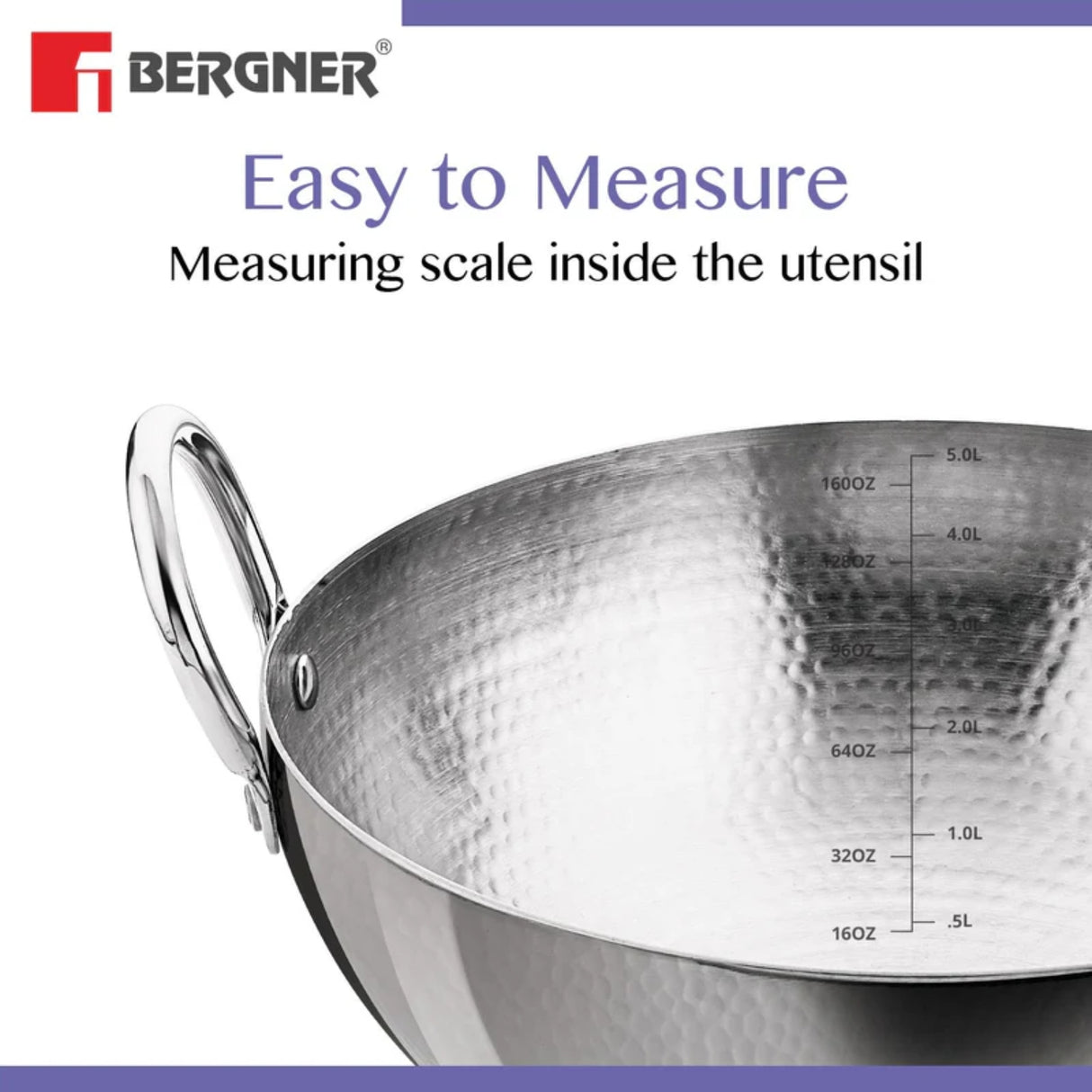 Bergner Essentials Hammered Triply Stainless Steel Kadai 32 cm \ 6.5 L_4