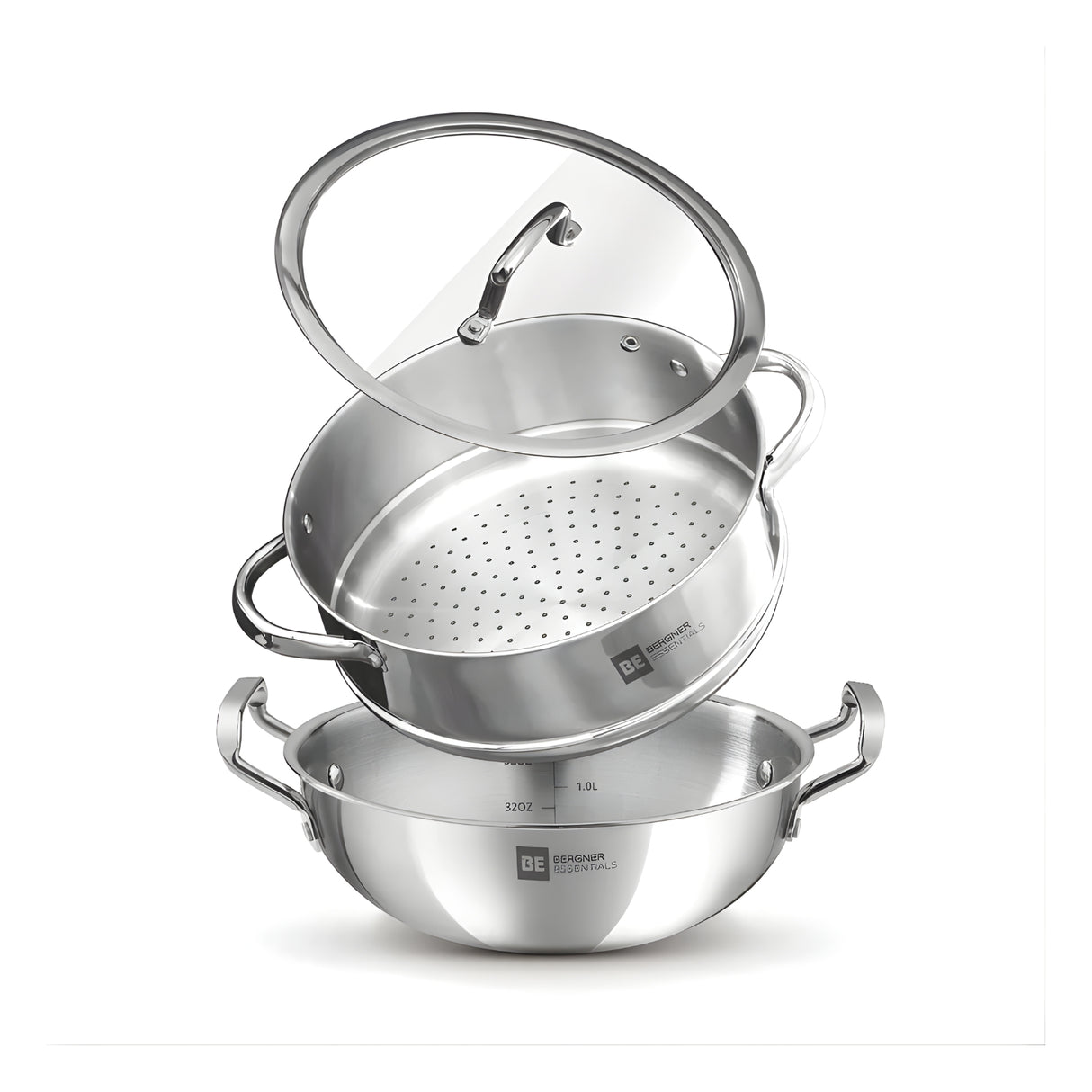 Bergner Essentials Triply SS Kadai and Steamer with Glass Lid 3 Pcs Set_1