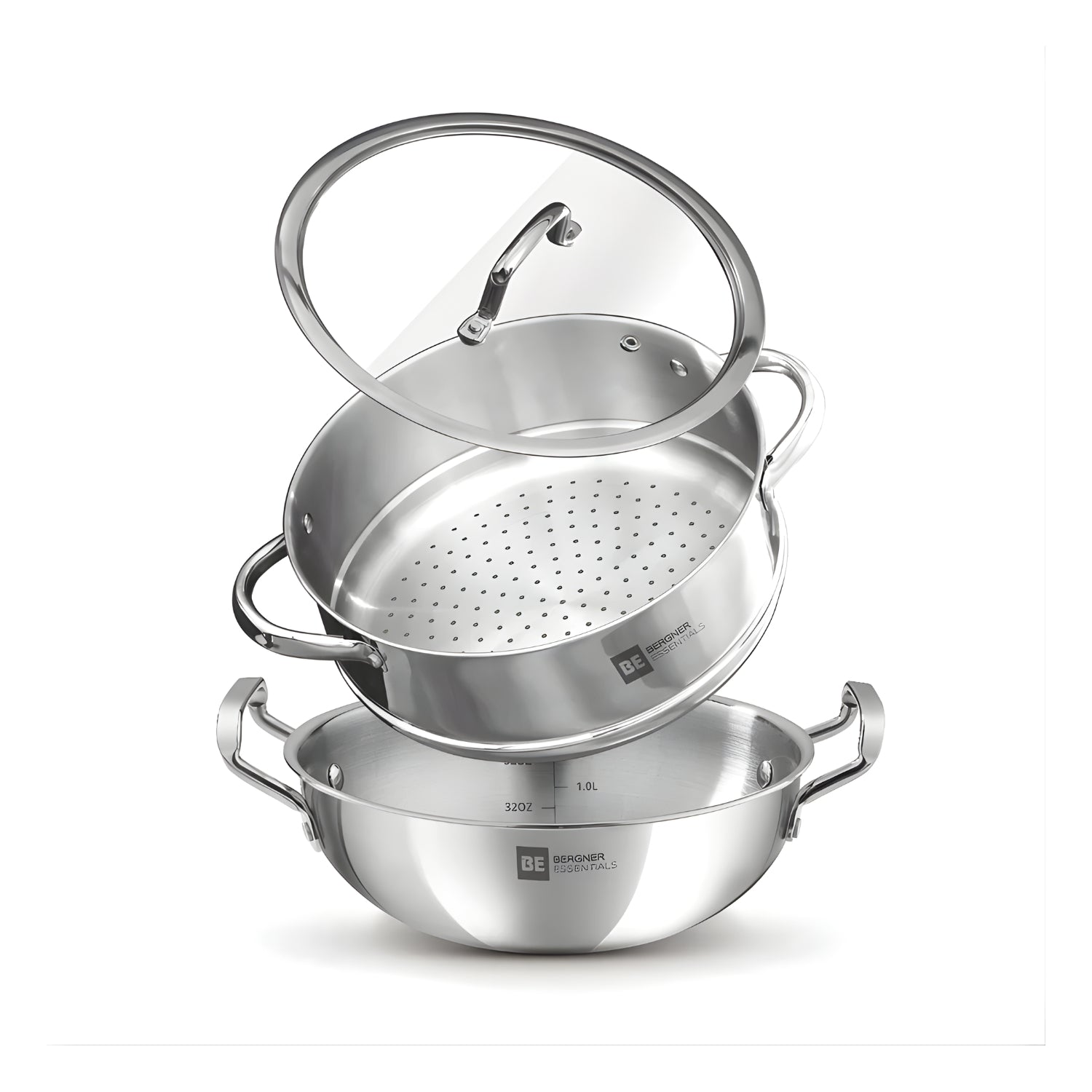 Bergner Essentials Triply SS Kadai and Steamer with Glass Lid 3 Pcs Set_1