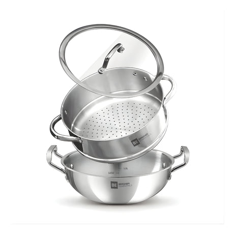 Bergner Essentials Triply SS Kadai and Steamer with Glass Lid 3 Pcs Set_1