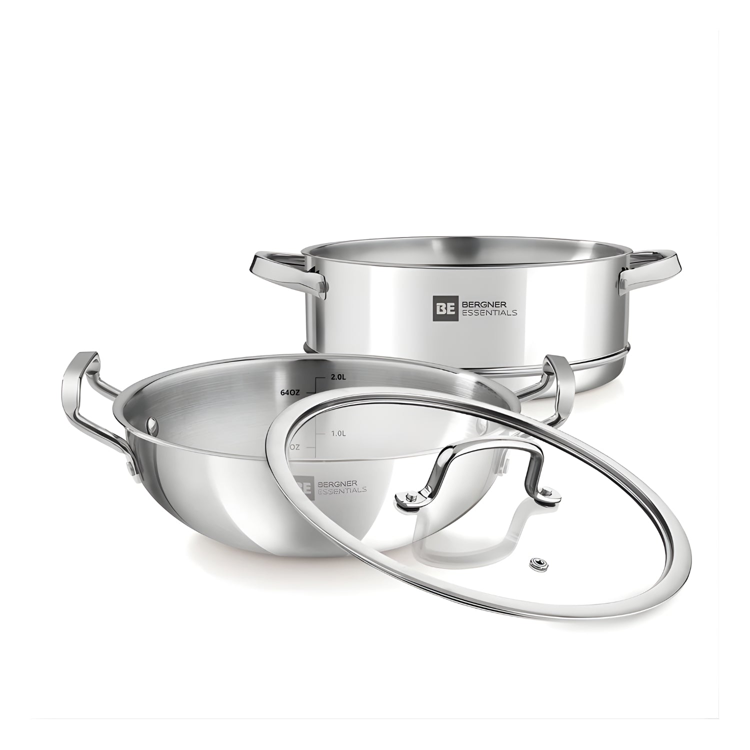 Bergner Essentials Triply SS Kadai and Steamer with Glass Lid 3 Pcs Set_2