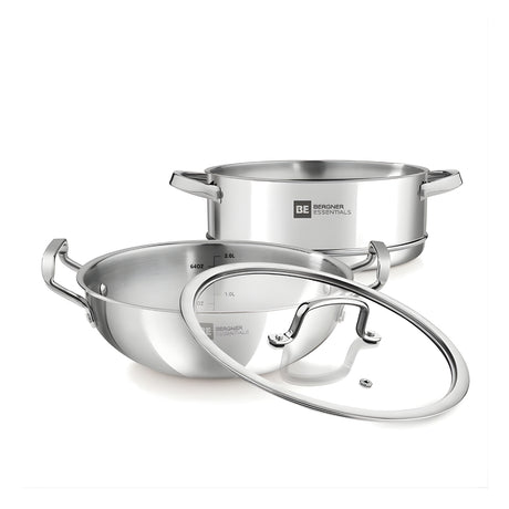 Bergner Essentials Triply SS Kadai and Steamer with Glass Lid 3 Pcs Set_2