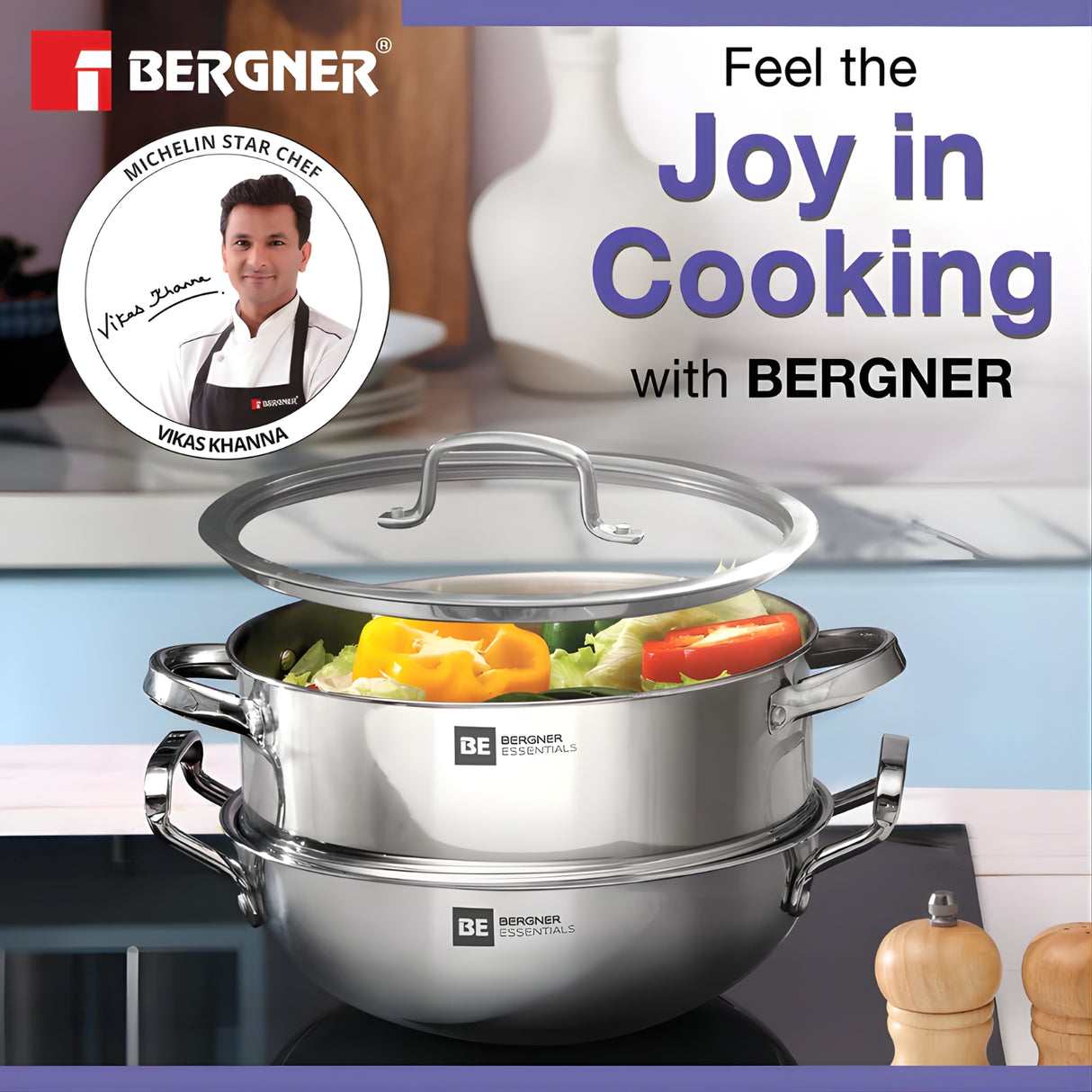 Bergner Essentials Triply SS Kadai and Steamer with Glass Lid 3 Pcs Set_3
