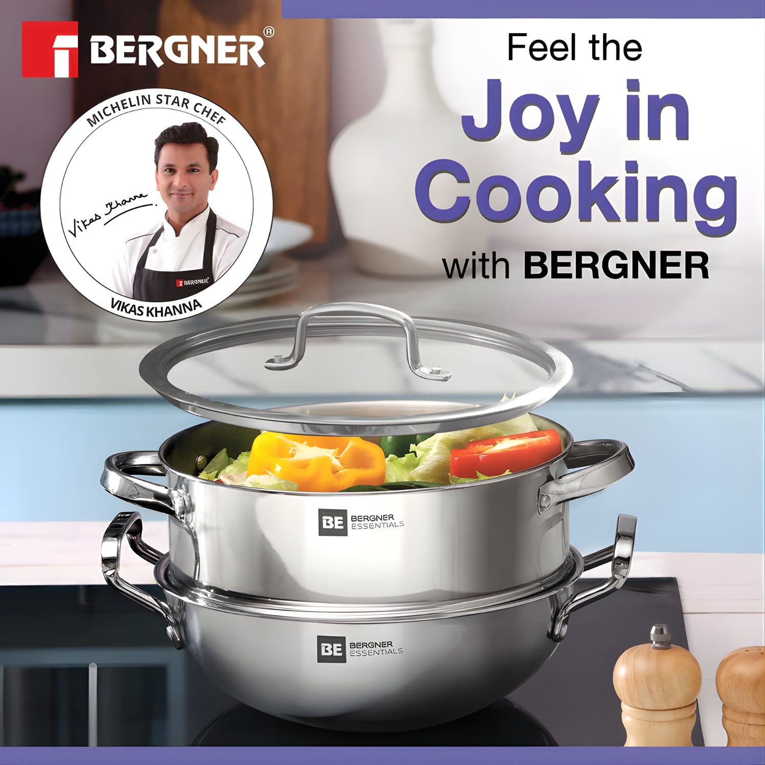 Bergner Essentials Triply SS Kadai and Steamer with Glass Lid 3 Pcs Set_3