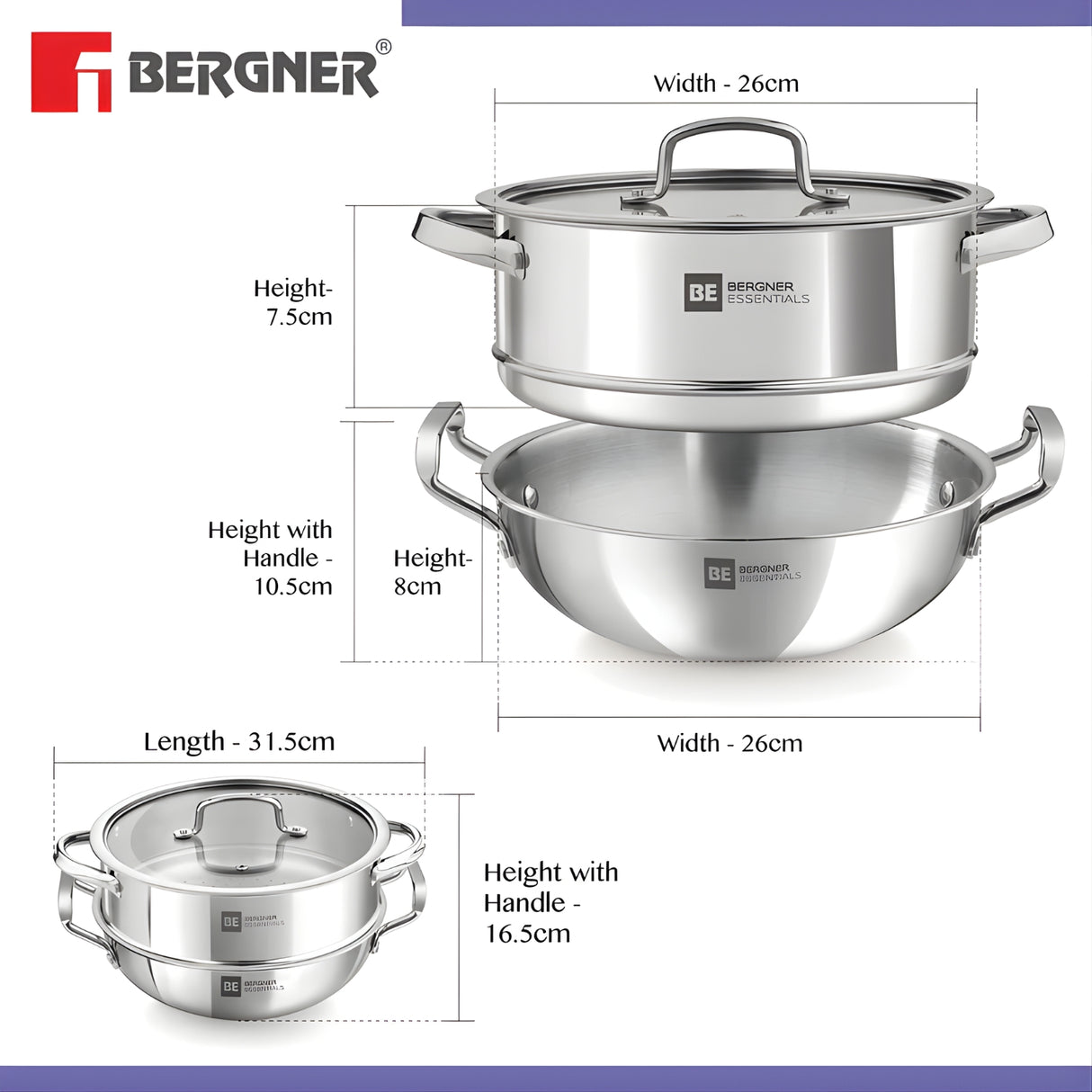 Bergner Essentials Triply SS Kadai and Steamer with Glass Lid 3 Pcs Set_4