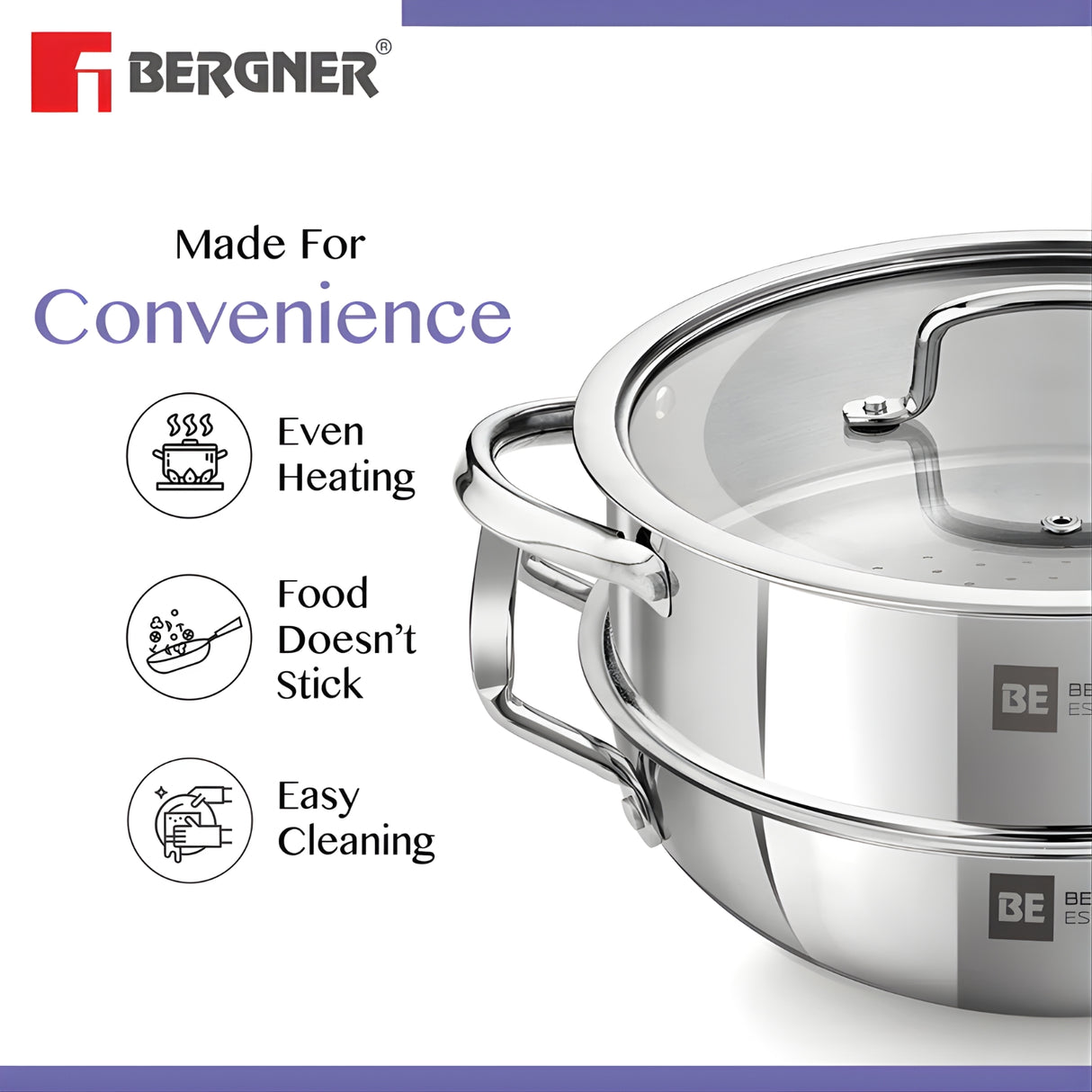 Bergner Essentials Triply SS Kadai and Steamer with Glass Lid 3 Pcs Set_5