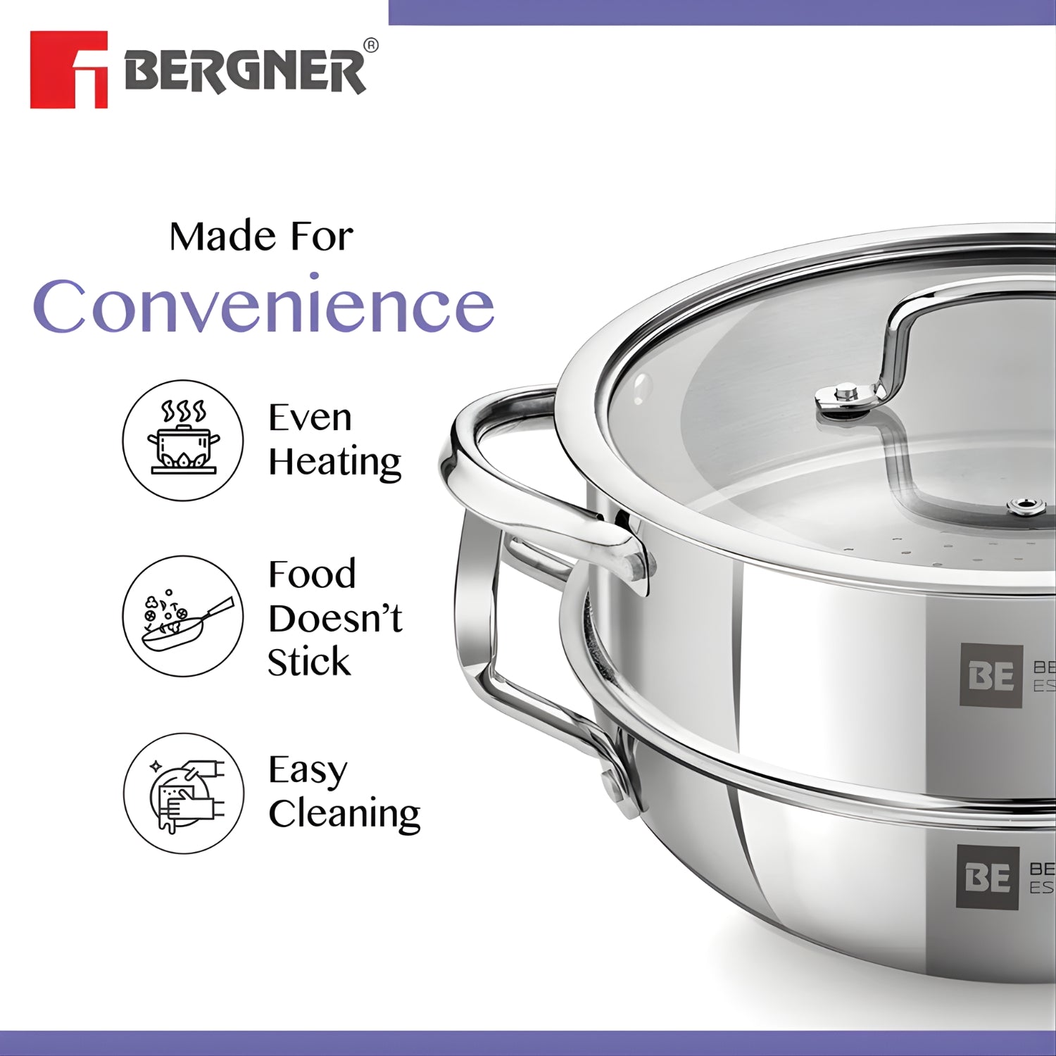 Bergner Essentials Triply SS Kadai and Steamer with Glass Lid 3 Pcs Set_5