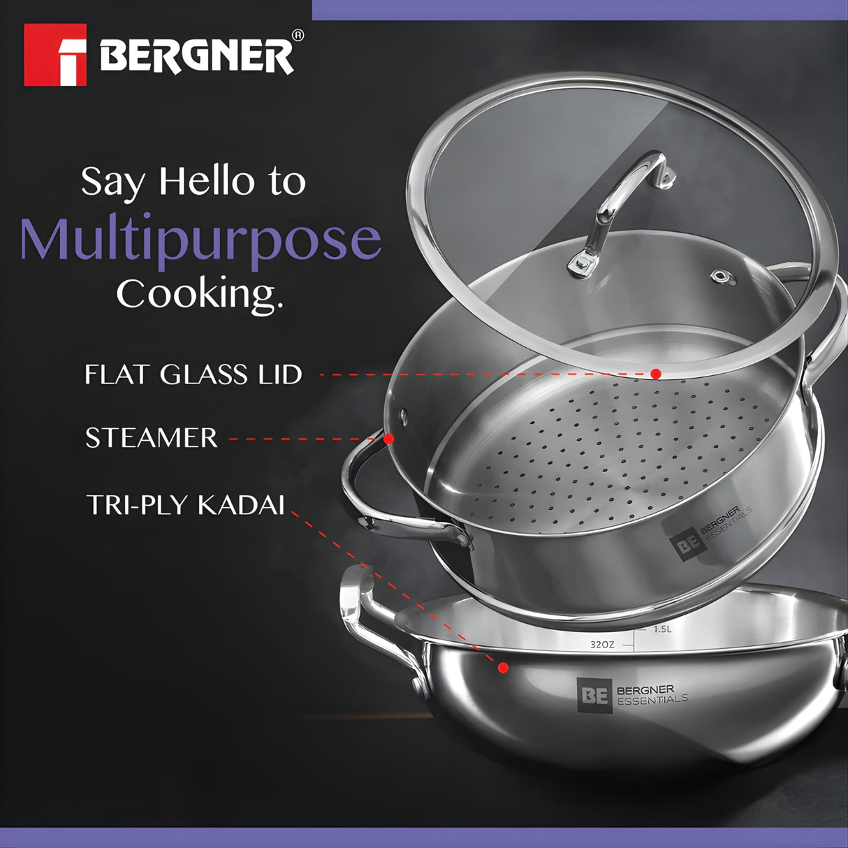 Bergner Essentials Triply SS Kadai and Steamer with Glass Lid 3 Pcs Set_8