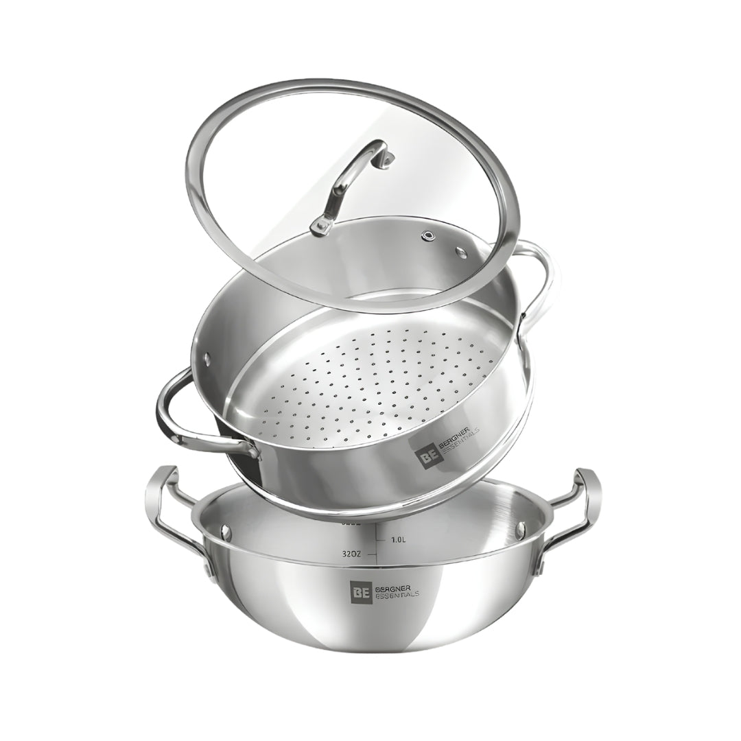 Bergner Essentials Triply SS Kadai and Steamer with Glass Lid 3 Pcs Set_Front View