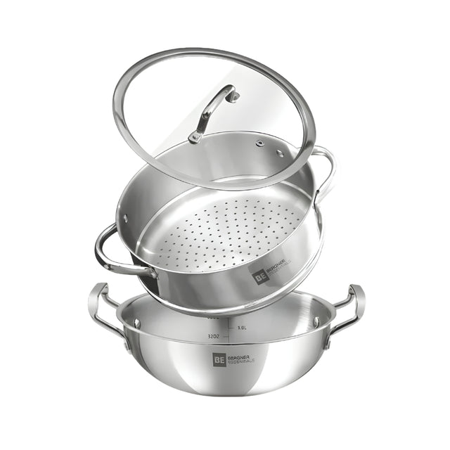 Bergner Essentials Triply SS Kadai and Steamer with Glass Lid 3 Pcs Set_Front View