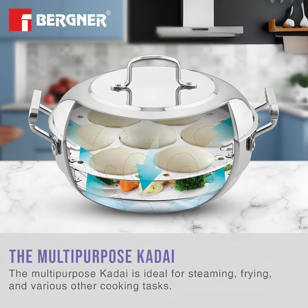 Bergner Essentials Triply SS Multikadai with 5 Plates and Lid 20 cm_3