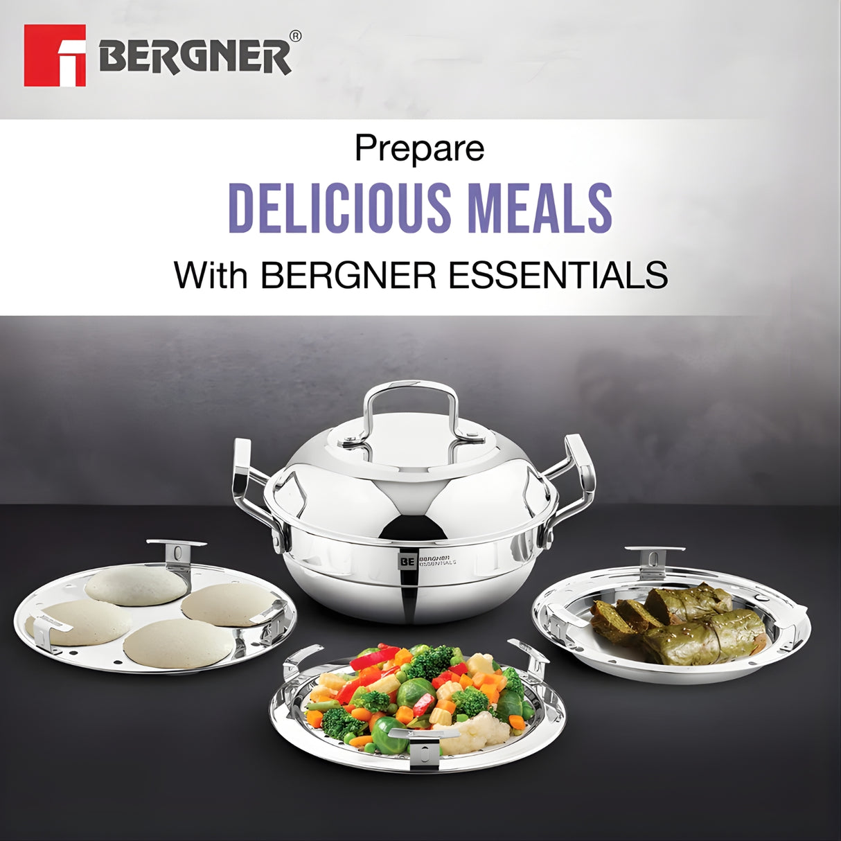 Bergner Essentials Triply SS Multikadai with 5 Plates and Lid 21 cm_2